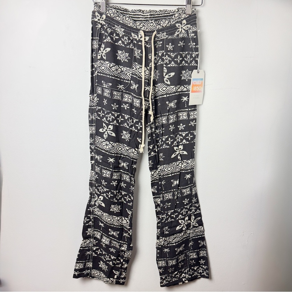 Cali 1850 Linen Rayon Blend Black and White Patterned Pants Boho Flare